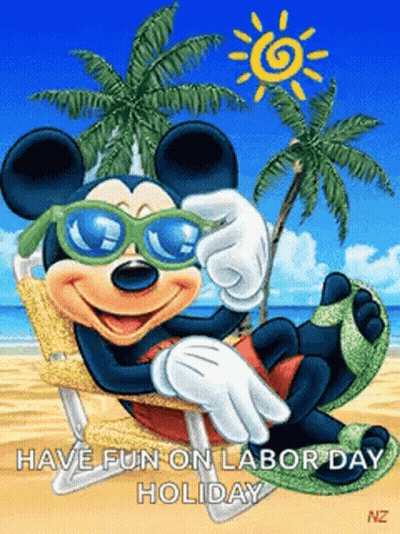 Mickey Mouse Is Sitting In A Chair On The Beach Wearing Sunglasses And A Melon . GIF