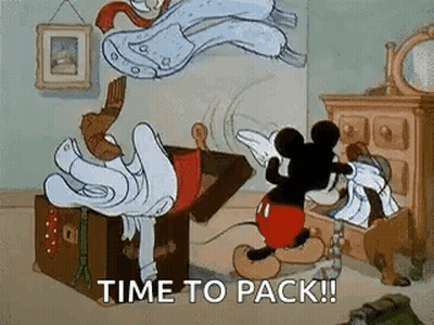 Mickey Mouse Is Standing Next To A Trunk Filled With Clothes And Says `` Time To Pack ! '' GIF