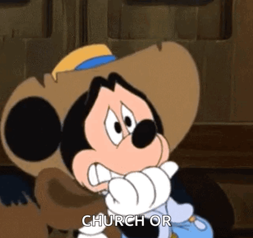 Mickey Mouse Is Wearing A Cowboy Hat And Holding A Baby In His Arms And Says `` Church Or '' . GIF