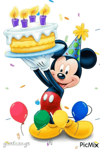 Mickey Mouse Is Wearing A Party Hat And Holding A Birthday Cake GIF