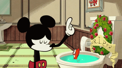 Mickey Mouse Pointing At Fish In Bathtub With RIP Wreath GIF