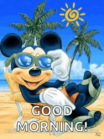 Mickey Mouse Sitting On Beach In Sunglasses And Slippers GIF