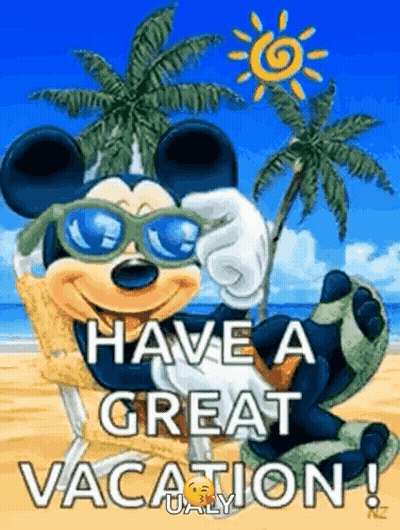 Mickey Mouse Sitting On Beach In Sunglasses Saying Have A Great Vacation GIF