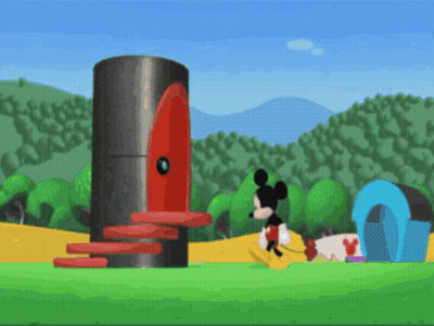 Mickey Mouse Standing By Large Red Cylinder GIF