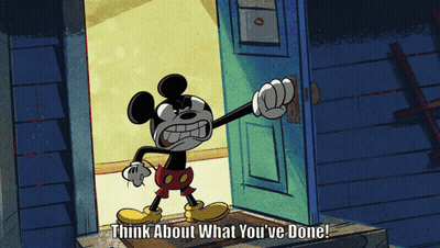 Mickey Mouse Standing In Front Of Door Think About What You've Done GIF