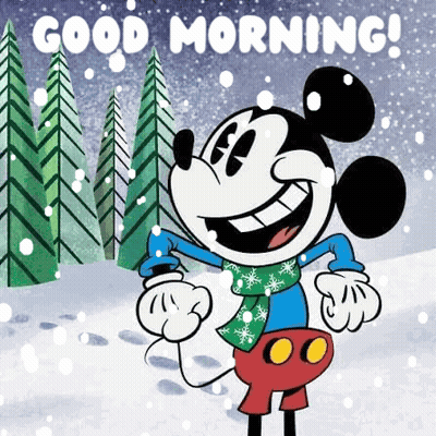 Mickey Mouse Standing In Snow With Scarf And Sweater GIF