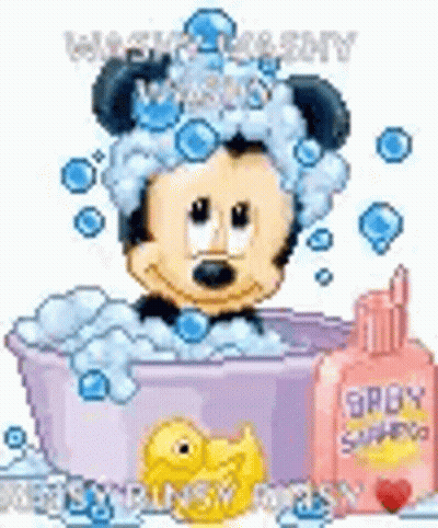 Mickey Mouse Taking Bath With Soap Bubbles And Duck GIF