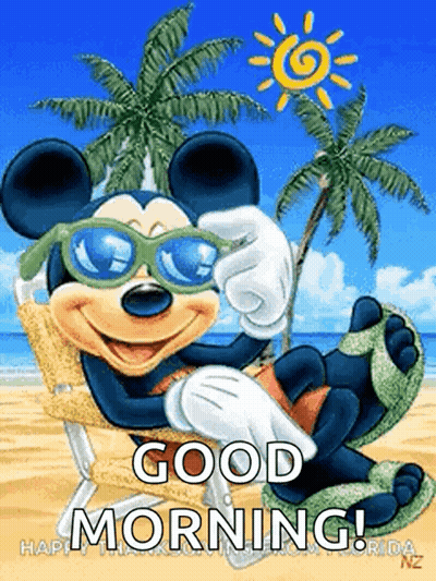 Mickey Mouse Wearing Sunglasses On Beach Good Morning GIF