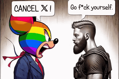 Mickey Mouse With Rainbow Head Talking To Bearded Man GIF