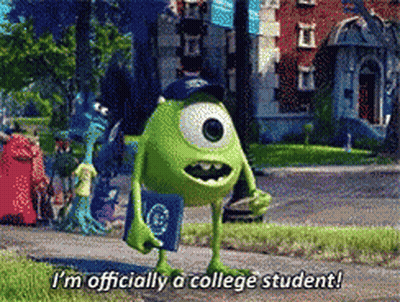Mike Wazowski Says I'm Officially A College Student Holding Book GIF