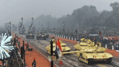 Military Vehicles Parade With Fireworks GIF