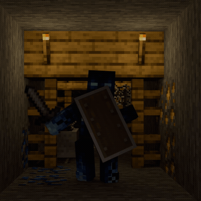 Minecraft Character Holding Sword And Shield In Dark Room GIF