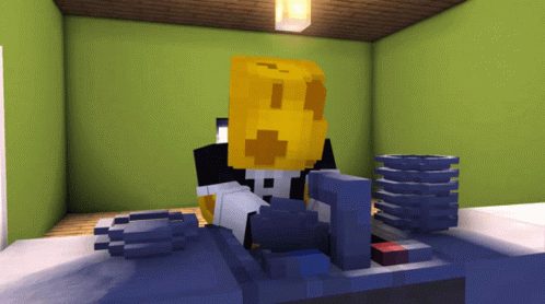 Minecraft Character Sitting At Desk With Yellow Block GIF