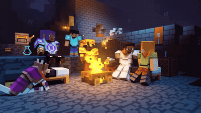 Minecraft Characters Around Campfire GIF