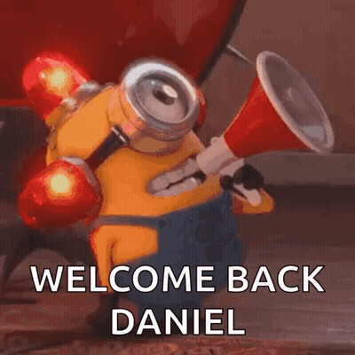 Minion Holding Megaphone Saying Welcome Back Daniel GIF