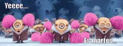 Minions With Pink Pom Poms Saying Yeeee Es Martes GIF