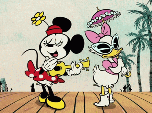 Minnie Mouse And Daisy Duck Are Standing On A Wooden Deck GIF