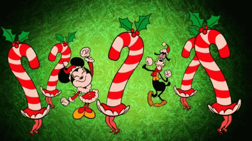 Minnie Mouse And Goofy Are Dancing With Candy Canes On Their Feet GIF