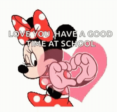 Minnie Mouse Holding Heart Saying Love You Have A Good Time At School GIF