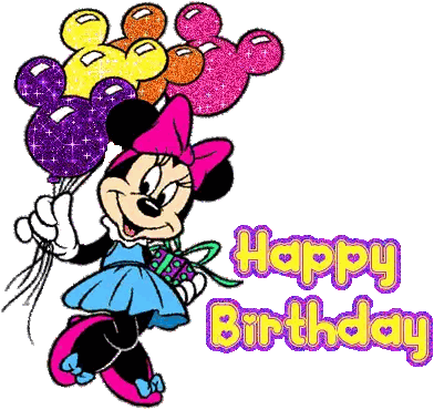 Minnie Mouse Is Holding A Bunch Of Balloons And A Gift With The Words Happy Birthday Written Below Her Sticker