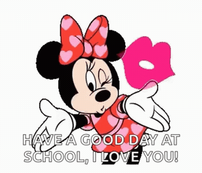 Minnie Mouse Is Holding A Pink Heart And Saying `` Have A Good Day At School , I Love You '' . GIF