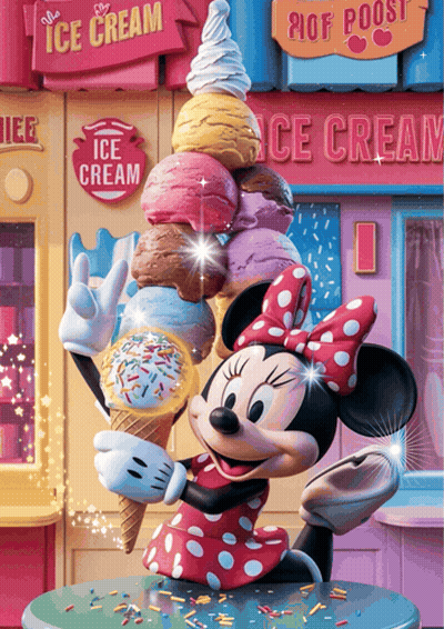 Minnie Mouse Is Holding A Stack Of Ice Cream Cones In Front Of An Ice Cream Shop GIF