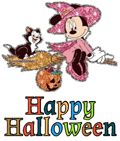 Minnie Mouse Is Sitting On A Broom Next To A Cat And A Pumpkin With The Words Happy Halloween Below Her GIF