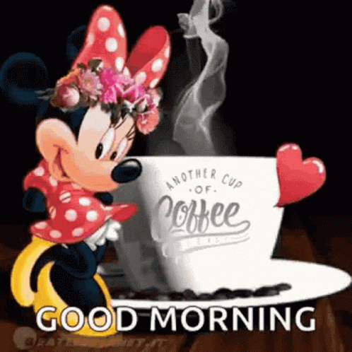 Minnie Mouse Is Standing Next To A Cup Of Coffee And Says Good Morning GIF