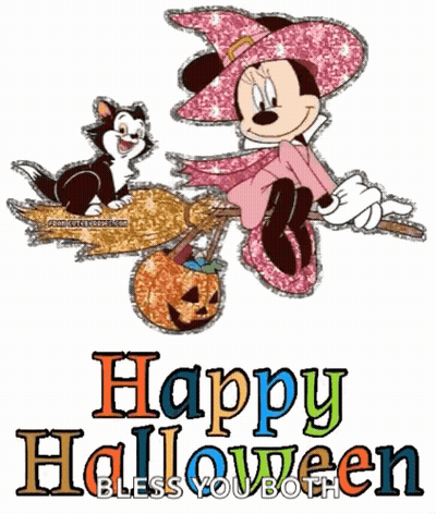 Minnie Mouse Sitting On Broom With Cat Happy Halloween Bless You Both GIF