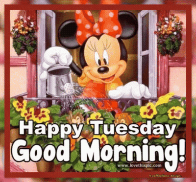 Minnie Mouse Watering Flowers On Balcony Happy Tuesday Good Morning GIF