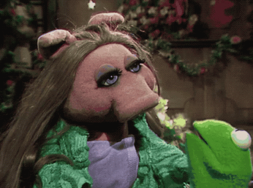 Miss Piggy And Kermit The Frog From Sesame Street Are Standing Next To Each Other GIF