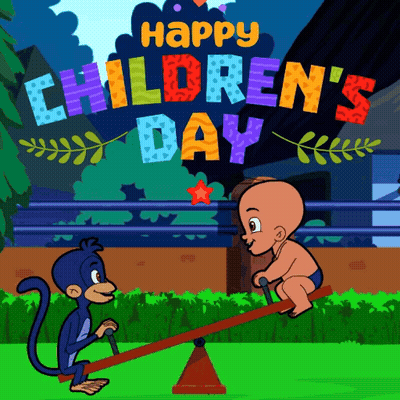 Monkey And Baby On Seesaw Happy Children's Day GIF