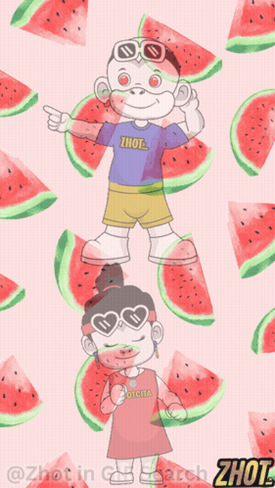 Monkey And Girl With Watermelons In Background GIF