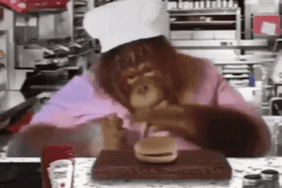 Monkey Chef Eating Hamburger GIF