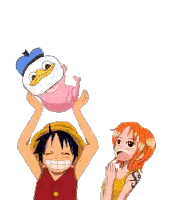 Monkey D Luffy And Nami From One Piece Are Holding A Baby Duck Sticker
