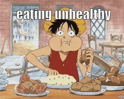 Monkey D Luffy From One Piece Is Eating Unhealthy Food At A Restaurant GIF