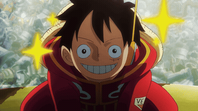 Monkey D Luffy From One Piece Is Wearing A Red Hoodie With Ve On The Sleeve GIF