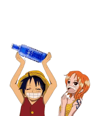 Monkey D Luffy Is Holding A Bottle Over His Head And Nami Is Standing Next To Him Sticker