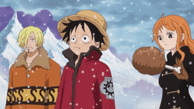 Monkey D Luffy Sanji And Nami Standing In Snow Wearing SSS Jackets GIF