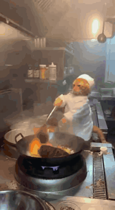 Monkey In Chef Hat Stirring Frying Pan GIF