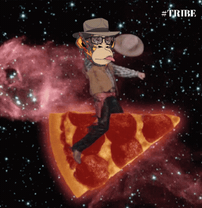 Monkey In Cowboy Hat Riding Pizza Slice In Space GIF