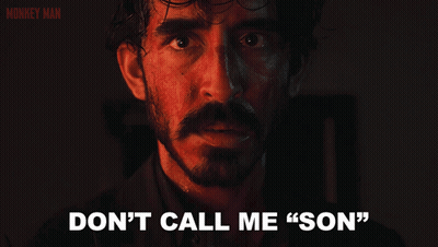 Monkey Man Movie Poster With Blood On Face Saying Don't Call Me Son GIF