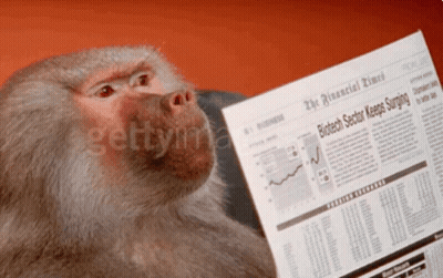 Monkey Reading Financial Times Article On Biotech Sector GIF