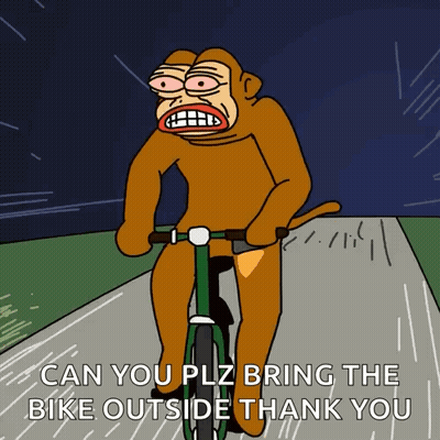 Monkey Riding Bike Saying Can You Plz Bring The Bike Outside Thank You GIF