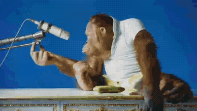 Monkey Sitting At Table With Microphone GIF