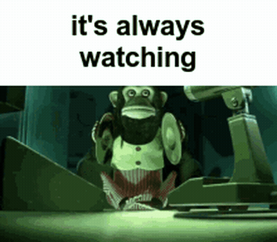 Monkey With Beard In Front Of Machine Saying It's Always Watching GIF