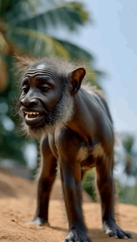 Monkey With Beard Standing On Dirt Field GIF