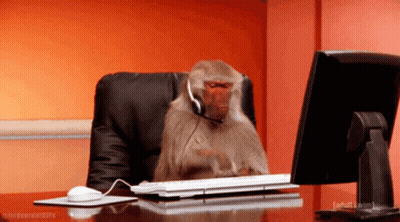 Monkey With Headset At Computer Desk GIF