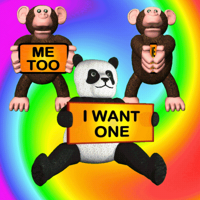 Monkeys And Panda Holding Signs Saying Me Too And I Want One GIF