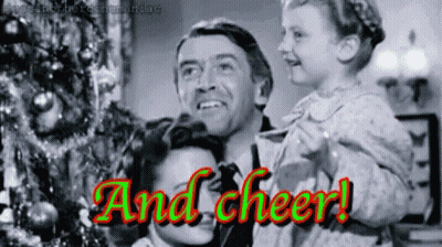Monochrome Man Holding Girl Red And Cheer Text GIF